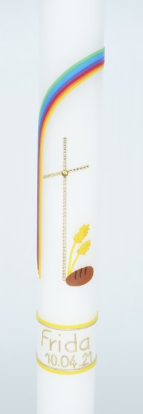 Kommunionkerze - Symbole Regenbogen, Kreuz, Ähre, Brot