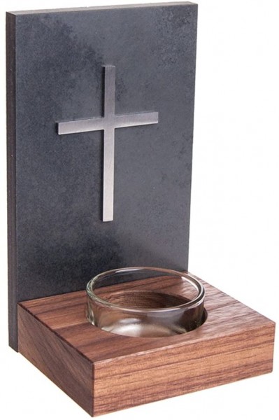 Schiefer-Nussbaum Weihwasserkessel "Kreuz" mit Becken aus Glas Grau 15 x 9 cm
