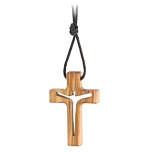 Halskette mit Kreuzanhänger Jesus durchgebrochen aus Olivenholz und Kordel 4,2 cm